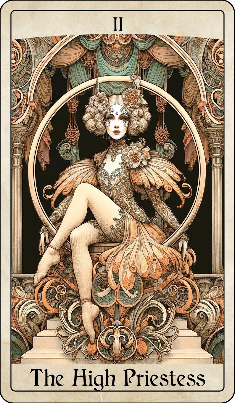 May include: Tarot card illustration of The High Priestess. The card features a woman in an ornate gown seated within a decorative arch. The color palette includes gold, peach, and teal. The card is labeled with the Roman numeral II and the title "The High Priestess."