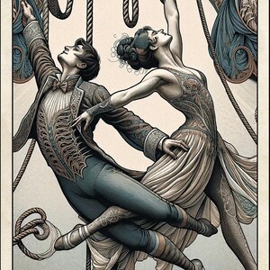 May include: Tarot card illustration featuring two figures in ornate attire, intertwined with ropes. The card is labeled "VI" at the top and "The Lovers" at the bottom. The figures are in shades of blue, brown, and cream.