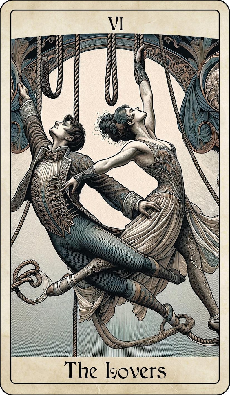 May include: Tarot card illustration featuring two figures in ornate attire, intertwined with ropes. The card is labeled "VI" at the top and "The Lovers" at the bottom. The figures are in shades of blue, brown, and cream.