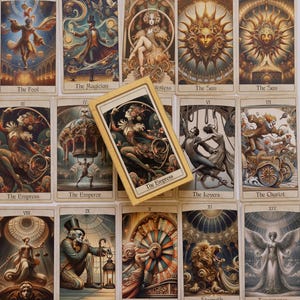 Puede incluir: Un conjunto de cartas del tarot con ilustraciones detalladas en un estilo vintage. Las cartas muestran varias figuras y símbolos, con la carta central etiquetada como "The Empress."