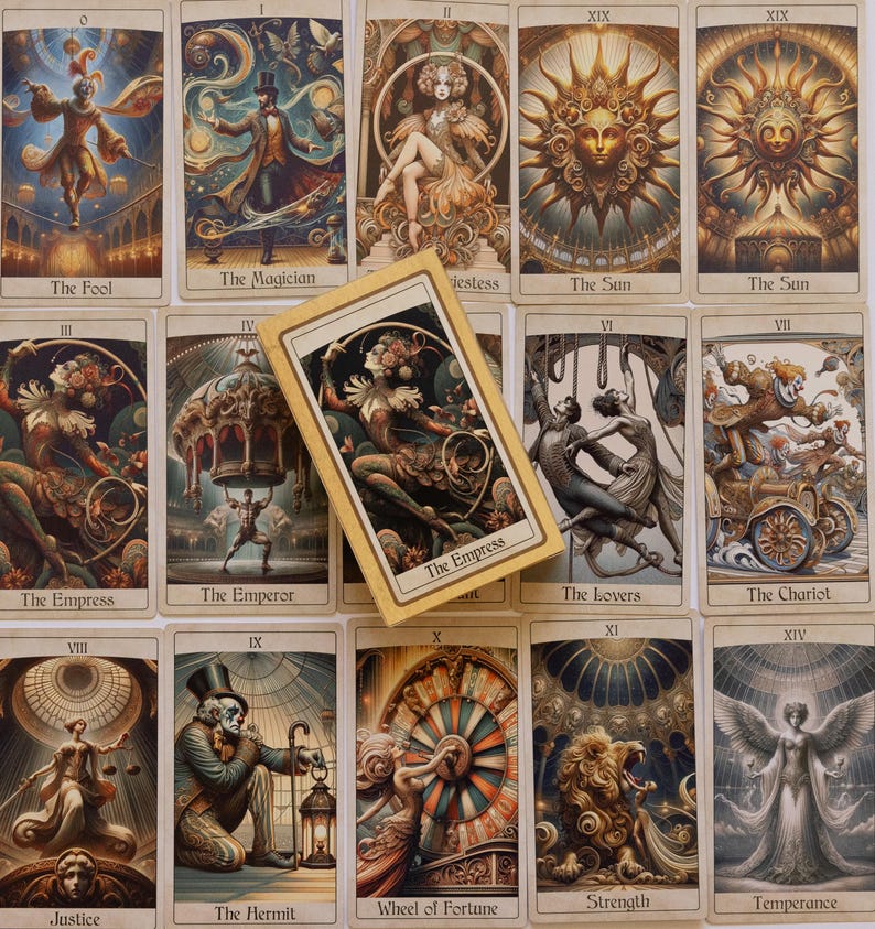 May include: A collection of tarot cards featuring detailed illustrations in a vintage style. The cards display various figures and symbols, with the central card labeled "The Empress."