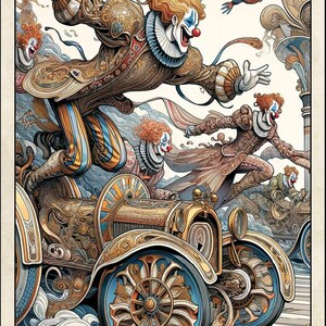 May include: Tarot card illustration featuring multiple clowns in ornate costumes driving a vintage car. The card is labeled "The Chariot" and includes the Roman numeral "VII". The clowns have red hair, white faces, and red noses.