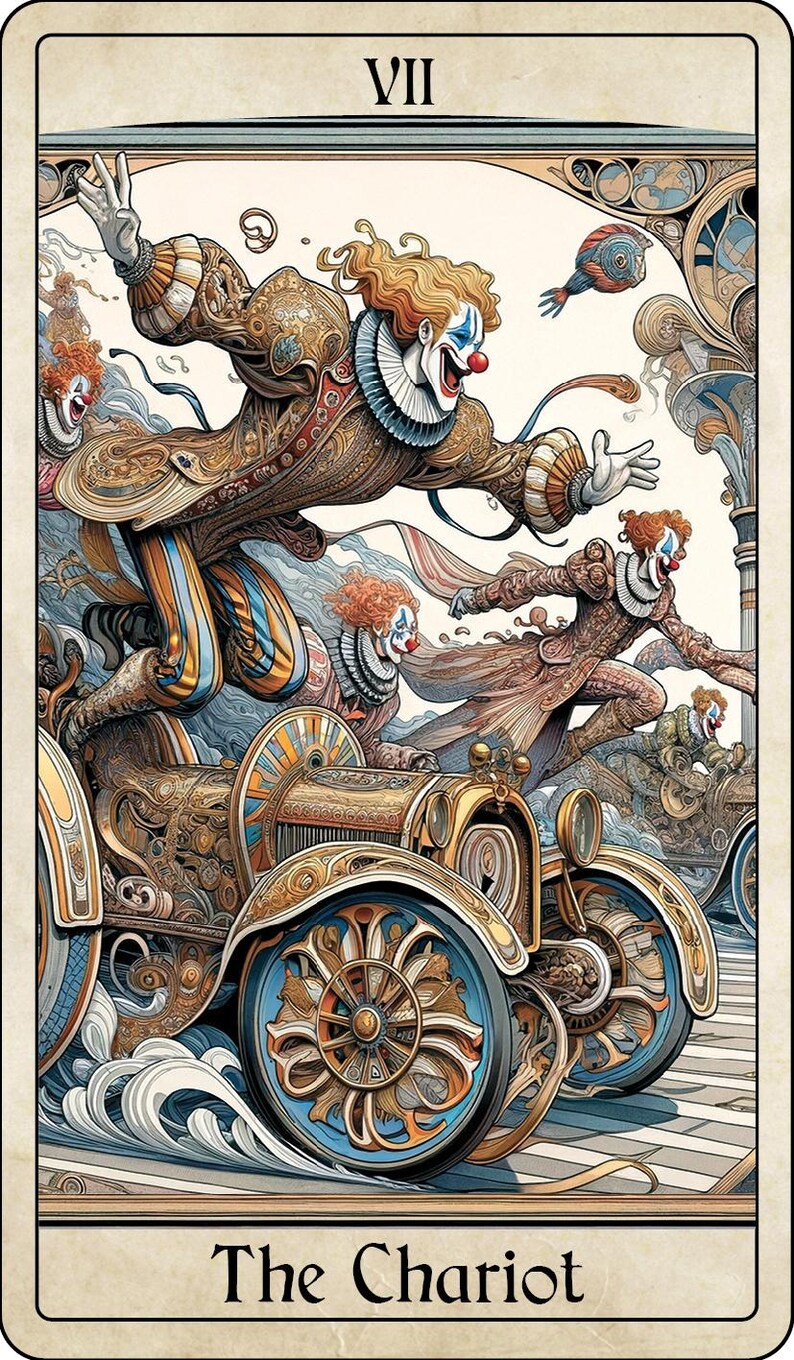 May include: Tarot card illustration featuring multiple clowns in ornate costumes driving a vintage car. The card is labeled "The Chariot" and includes the Roman numeral "VII". The clowns have red hair, white faces, and red noses.