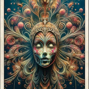 May include: A tarot card illustration featuring a detailed, ornate face with closed eyes, set against a dark blue background. The card is labeled "XXI" at the top and "The World" at the bottom. The design incorporates intricate patterns and warm colors.