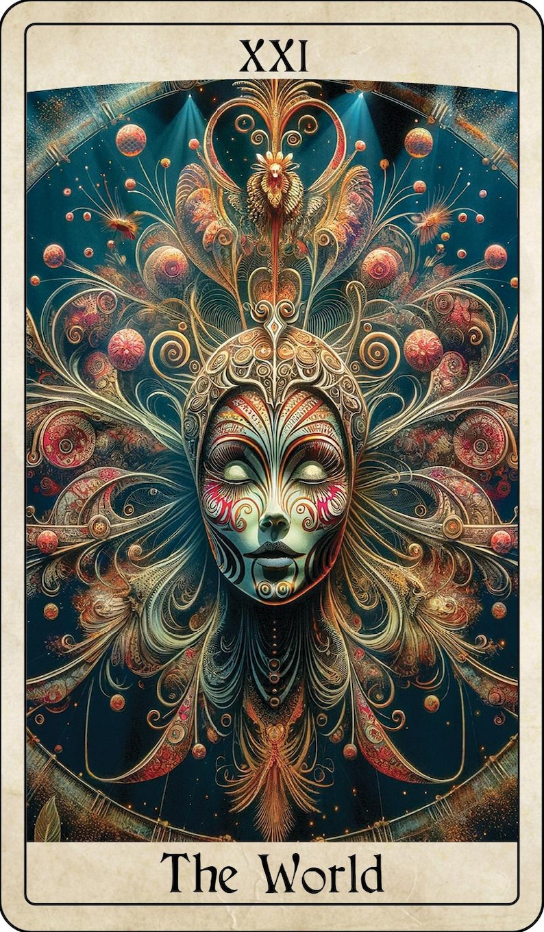 May include: A tarot card illustration featuring a detailed, ornate face with closed eyes, set against a dark blue background. The card is labeled "XXI" at the top and "The World" at the bottom. The design incorporates intricate patterns and warm colors.