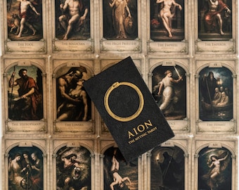 May include: A black rectangular tarot deck box with a gold Ouroboros symbol and the text AION THE MYTHIC TAROT, displayed over a grid of fourteen tarot cards featuring classical mythological illustrations in arched frames with titles.