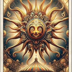 May include: Tarot card illustration featuring a radiant sun with a smiling face, surrounded by ornate details and celestial elements. The card is labeled "XIX" at the top and "The Sun" at the bottom, with a detailed architectural structure at the bottom.