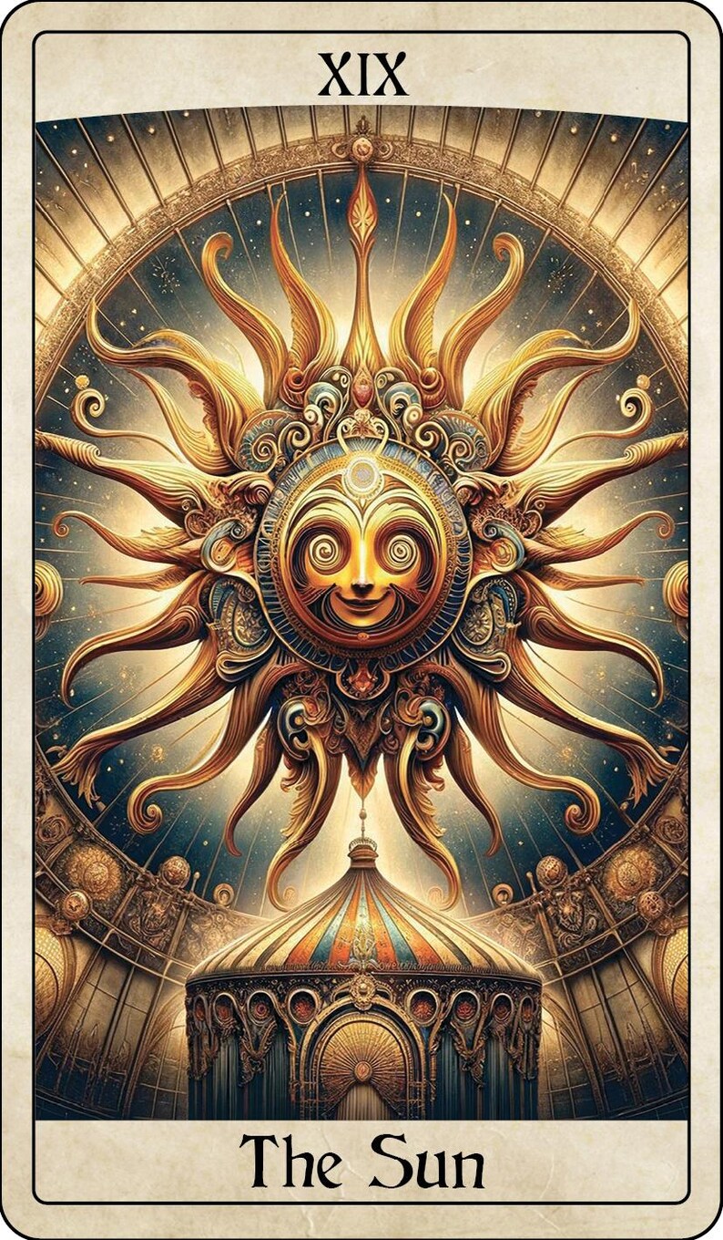 May include: Tarot card illustration featuring a radiant sun with a smiling face, surrounded by ornate details and celestial elements. The card is labeled "XIX" at the top and "The Sun" at the bottom, with a detailed architectural structure at the bottom.