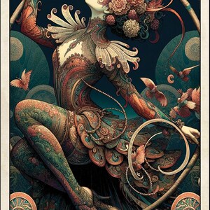 May include: Tarot card illustration of The Empress. The card features a woman in an ornate, patterned dress with floral headwear, surrounded by birds and a circular frame. The background is a dark teal with circular and floral motifs.