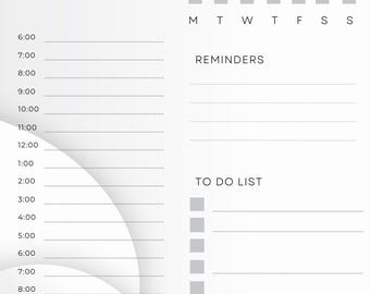 May include: A minimalist daily planner with a white and gray design. The top of the page reads "DAILY PLANNER" in bold black text. Sections include date, time slots, reminders, a to-do list, and notes. The days of the week are listed across the top.