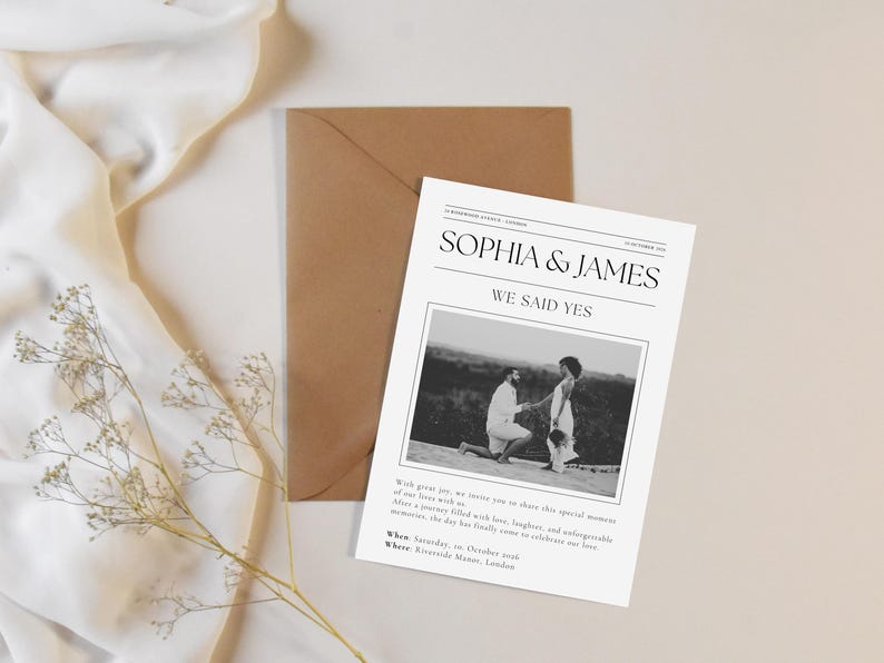 May include: A wedding invitation with the names "Sophia & James" in a newspaper-style design. The invitation includes a black and white photo of a couple and the text "We Said Yes". A brown envelope is behind the invitation.