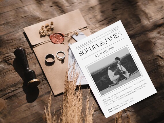 Editable Wedding Invitation Template – We Said Yes Newspaper Style | Modern Canva Template | Printable Engagement Announcement
