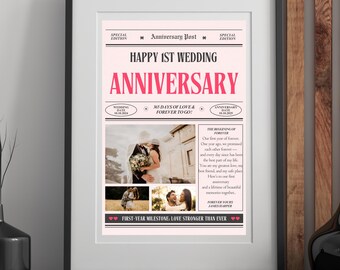 1st Wedding Anniversary Poster | Editable Canva Template | Personalized Newspaper Style Wedding Gift Printable