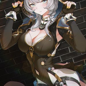 May include: Anime-style illustration of a character with silver hair, cat ears, and a hooded outfit. The character wears a dark brown and gold outfit with a plunging neckline. The background is a dark brick wall.