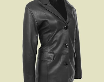 Blazer en cuir à trois boutons pour femme - Veste classique