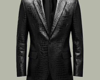 Men’s Handmade Crocodile Embossed Leather Blazer – Black Exotic Coat