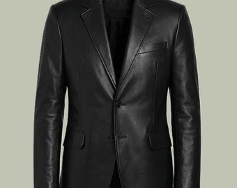 Herren Lammfell Leder Blazer - Schwarze Jacke mit zwei Knöpfen