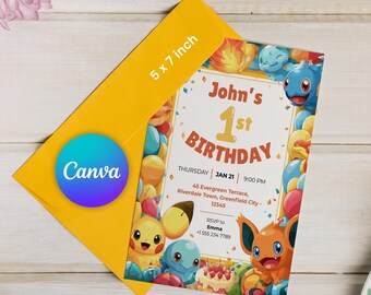 Editable Poke-mon Birthday Invitation Canva Template, Anime Birthday Party Invite, Digital Download
