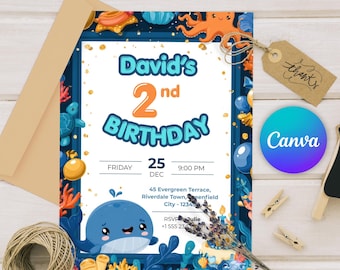 Editable Canva Under the Sea 2nd Birthday Invitation, Ocean Whale Party Digital Download
