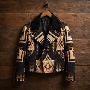 May include: A moto-style jacket featuring a black and tan geometric pattern throughout. The garment includes a black sherpa collar, an asymmetrical front zipper closure, and long sleeves with zippered cuffs, all displayed on a wooden hanger.