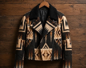 Inspired Kelly Reilly Aztec Aviator Wool Jacket , Western Coat Costume with Shearling Style Collar