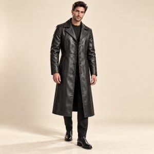 Men’s Black Leather Trench Coat | Long Genuine Leather Gothic Duster with Button Front | Timeless Overcoat & Steampunk Cosplay