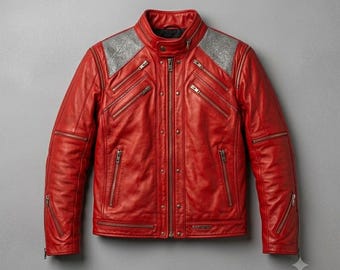 Inspired Kids Red Leather Biker Beat IT Jacket,  Vintage Style MJ Tribute Coat, Handmade Retro Jacket