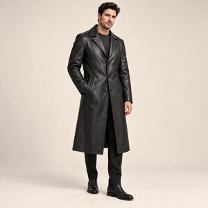 Men’s Black Leather Long Coat | Classic Single Breasted Trench with Notched Lapels & Button Front | Timeless Minimalist Style
