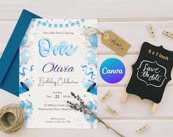 Editable Blue and White Birthday Invitation Template | Party Invite | Digital Download