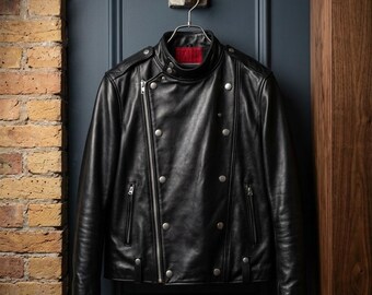 Vintage Style Double-Breasted Leather Rider Jacket, Real Leather Motorcycle Jacket