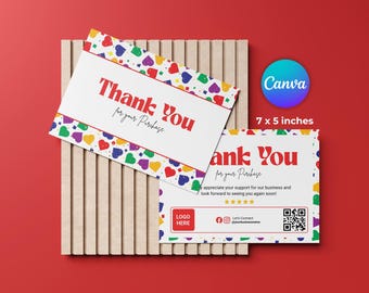 Multi Color Heart Business Thank You Card Template, Colorful Hearts Packaging Insert, Trendy Customer Thank You Note, 7x5 Printable