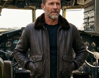Men’s A2 Leather Flight Bomber Jacket, Military Aviator Costume Vintage,  Shearling Style Collar, USA Pilot Costume