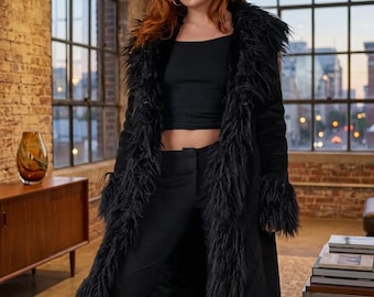 Women Black Faux Fur Trim Maxi Coat | Afghan Suedu Jacket | Penny Lane Winter Coat