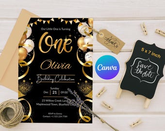 Editable Black and Gold Birthday Invitation Template | Luxury Party Invite | Digital Download