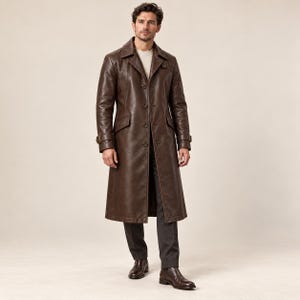 Men’s Brown Leather Trench Coat | Long Button Front Overcoat with Buckle Cuffs & Flap Pockets | Timeless Vintage Inspired Style