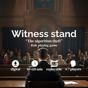 Könnte beinhalten: Witness stand: The algorithm theft, ein Rollenspiel. Das digitale Spiel hat eine Spieldauer von 60-120 Min, ist wiederholbar und für 4-7 Spieler geeignet. Das Bild zeigt eine Person im Anzug in einem Gerichtssaal vor dem Richterpult.