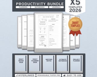 Produktivitetspaket 2026 för reMarkable Paper Pro: Planerare, journaler, anteckningsböcker - Smarta mallar
