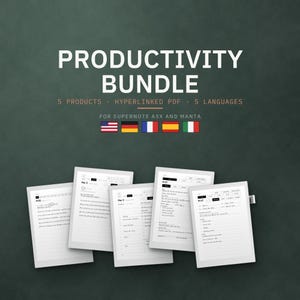 May include: A digital productivity bundle for Supernote A5X and Manta featuring five hyperlinked PDF products in five languages. The text reads PRODUCTIVITY BUNDLE, 5 PRODUCTS, HYPERLINKED PDF, 5 LANGUAGES, FOR SUPERNOTE A5X AND MANTA with five flags.