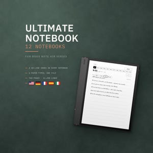 May include: A digital tablet displaying a notebook interface with the text ULTIMATE NOTEBOOK 12 NOTEBOOKS FOR BOOX NOTE AIR SERIES. The screen shows a 60-line index, 740 pages, 12,458 links, and handwritten notes on a lined page with navigation tabs.