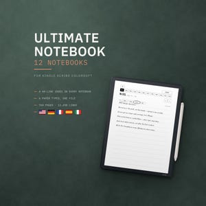 May include: A digital notebook file for Kindle Scribe Colorsoft titled ULTIMATE NOTEBOOK 12 NOTEBOOKS. It features 740 pages, 12,458 links, 6 paper types, and a 60-line index. The screen displays a lined page with handwritten notes and navigation tabs.