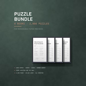 Puede incluir: Un paquete de rompecabezas digitales para Remarkable Paper Pro Move que contiene cuatro libros y 2.000 rompecabezas. La pantalla muestra cuatro tabletas lado a lado, cada una con un menú Word Search Five Hundred. Incluye sopas de letras, sudoku, laberintos.