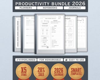 Produktivität Bundle 2026 für reMarkable 2: Planer, Journals, Notebooks - Smart Templates