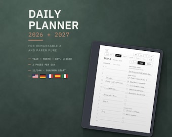 Daily Planner 2026 2027 for reMarkable 2 and Paper Pure: dated hyperlinked PDF, month grid, schedule, tasks, 5 languages