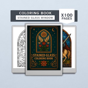 May include: A coloring book titled "Stained Glass Window" with 100 pages. The cover features a stained glass design with doves, flowers, and a crescent moon. Additional stained glass designs are visible on the left and right sides of the book.