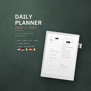 Op de afbeelding: Een digitale dagplanner voor Supernote A5X en Manta apparaten, voor 2026 en 2027. Het scherm toont een schema voor 2 maart met takenlijsten, selectievakjes en navigatietabs. Tekst bevat 'DAILY PLANNER', '2026 + 2027' en 'FOR SUPERNOTE A5X AND MANTA'.