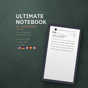 Puede incluir: Una interfaz de cuaderno digital para Remarkable Paper Pro Move, titulada Ultimate Notebook 12 Notebooks. Incluye un índice por página, 6 tipos de papel y 740 páginas. La pantalla muestra N 01, página 07/60, con notas manuscritas API design decisions.
