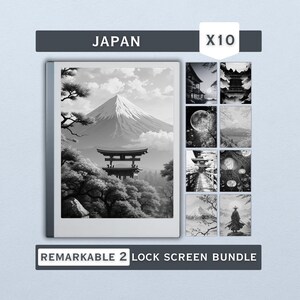 Peut inclure: Un pack d'écran de verrouillage Remarkable 2 avec dix images en noir et blanc du Japon. Les images incluent le mont Fuji, des temples et des scènes japonaises traditionnelles. Le mot "JAPAN" est en haut de l'image.