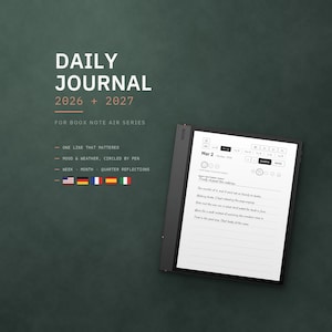 Op de afbeelding: Een digitaal dagboek voor de Boox Note Air-serie, voor 2026 en 2027. Het scherm toont een invoer van 2 maart met handgeschreven tekst, stemmingspictogrammen en weersymbolen. De tekst bevat Daily Journal 2026 + 2027 for Boox Note Air series.