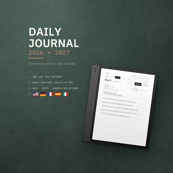 Daily Journal 2026 2027 for Boox Note Air: dated hyperlinked PDF, mood and weather, reflections, 5 languages