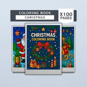 May include: Three Christmas-themed coloring books with festive illustrations. The central book features a wreath, bow, and ornaments. The top banner reads "COLORING BOOK CHRISTMAS" and "X100 PAGES". The other books show Santa and a sleigh.